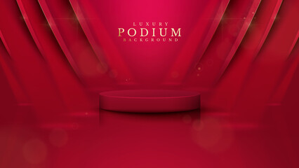 Wall Mural - Red color podium with ribbon elements and gold lines with glitter light effect decoration and bokeh.