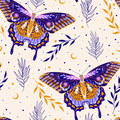 Elegant celestial seamless pattern with butterflies. Boho magic background with space elements stars, herbs. Design for card, fabric, print, greeting, cloth, poster, clothes, textile.