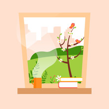 Spring Background Picture - Mug Of Tea With Stack Of Books On Windowsill. Vector Illustration.