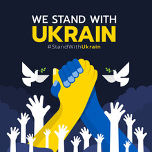 We stand with ukraine - yellow hand hold blue hand with white Raised Hands and dove of peace around vector design