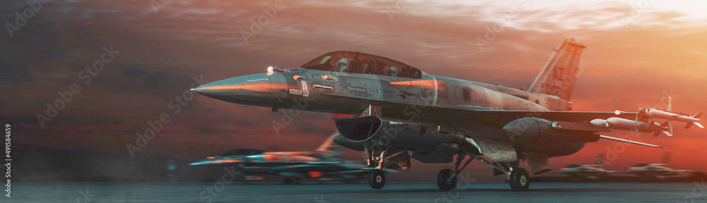 military jet aircraft parked on runway in sunset. Stock Photo | Adobe Stock