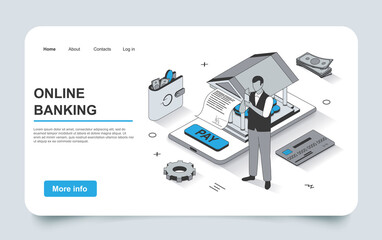 Aufkleber - Banking service concept in 3d isometric landing page outline design. Bank client pays invoice, makes financial transactions on account, manages finances line web template. Vector illustration.