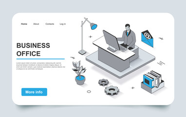 Fototapete - Business office concept in 3d isometric landing page outline design. Employee works on computer at workplace, workflow and document management in company, line web template. Vector illustration.