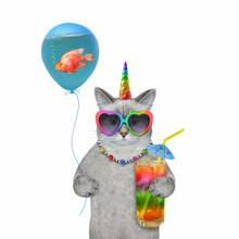 An Ashen Caticorn In Sunglasses Holds A Balloon With Water. Inside It Is Aquarium A Fish. White Background. Isolated.