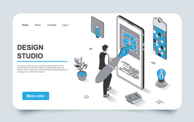 Fototapete - Design studio concept in 3d isometric landing page outline design. Designer with huge brush draws graphic elements for interface of mobile application, line web template. Vector illustration.