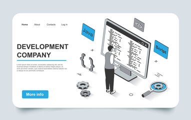 Fototapete - Development concept in 3d isometric landing page outline design. Developer programs and writes code in Java, creates spripts, engineering and optimizes, line web template. Vector illustration.