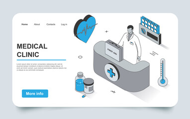 Fototapete - Medicine concept in 3d isometric landing page outline design. Doctor cardiologist provides first aid in clinic, diagnosis of diseases, prescribing drugs, line web template. Vector illustration.