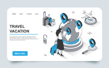 Travel Vacation Concept In 3d Isometric Landing Page Outline Design. Woman With Luggage Chooses Directions, Search Tours, Book Tickets For Plane And Hotel, Line Web Template. Vector Illustration.