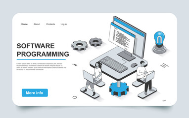 Fototapete - Software programming concept in 3d isometric landing page outline design. Development team programs, tests and optimizes computer programs, works in office, line web template. Vector illustration.