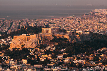 Wall Mural - cityscape of Athens in early morning with the Acropolis seen from Lycabettus Hill, the highest point in the city