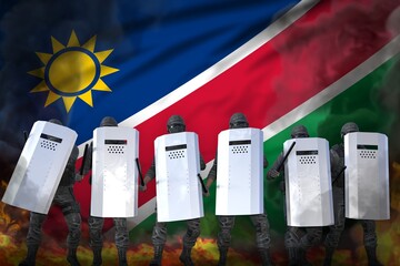 Namibia police officers protecting order against mutiny - protest stopping concept, military 3D Illustration on flag background