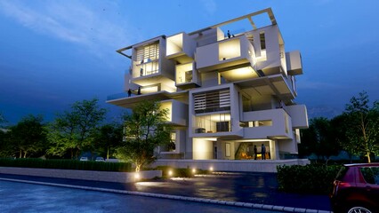 Fototapete - Modern upscale residential building at dusk