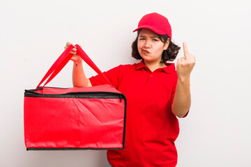 Wall Mural - pretty hispanic girl feeling angry, annoyed, rebellious and aggressive. fast food delivery concept