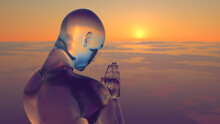 3d Illustration Of A Translucent Man Praying At Sunrise Or Sunset