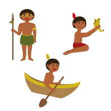 Indios Nativos Brasileiros -  Ilustração Vetorial. Indios Com Flecha, Canoa E Onça Pintada.