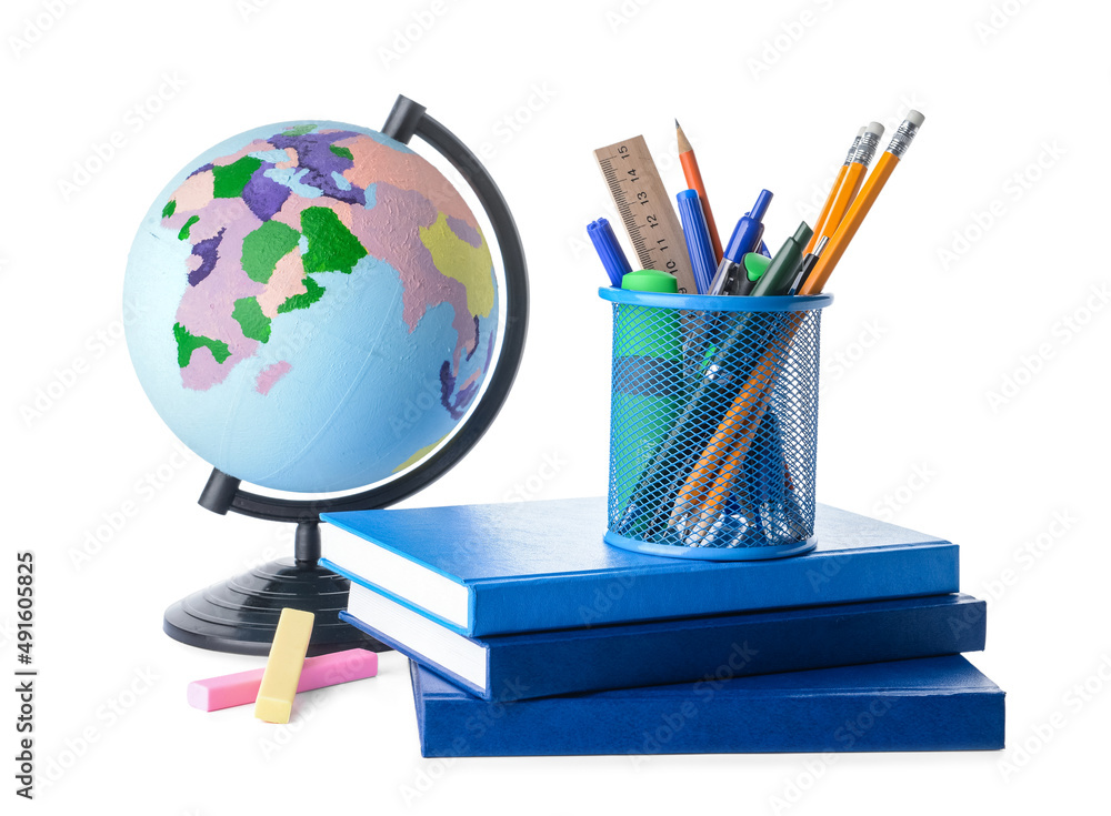 Globe, books and stationery on white background