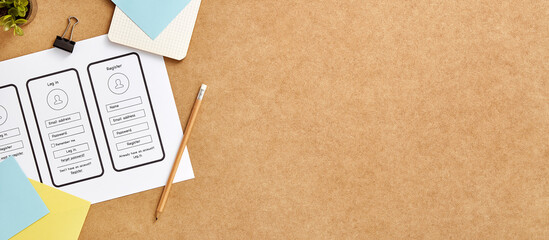 Wall Mural - user experience design concept web banner with copy space. top view image of a product designer work