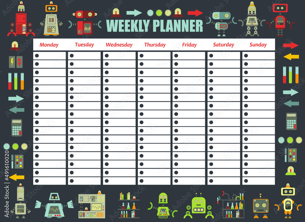 Weekly planner with funny robots and transformers in flat cartoon style ...