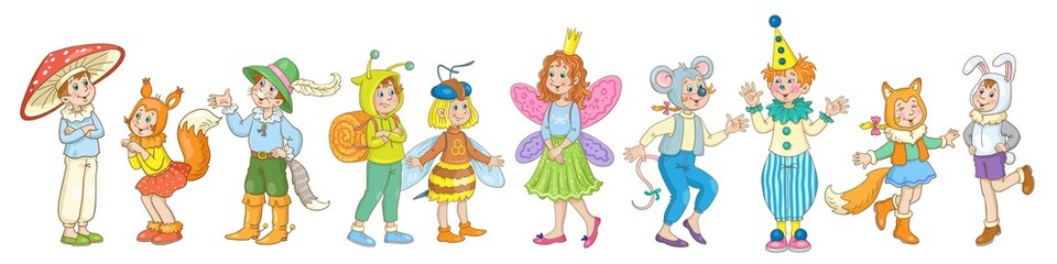 Poster - Children in carnival costumes. For a school party. Banner in cartoon style. Isolated on white background. Vector illustration