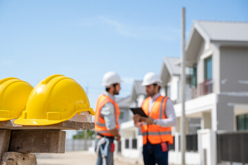 Poster - Safety helmets for workplace construction,The safety helmet at construction site with construction site background.