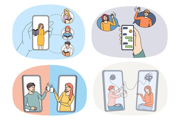 Wall Mural - Set of diverse people use smartphones communicate on internet using cellphone apps. Collection of men and women hold cellphone talk message online in gadgets. Technology. Vector illustration. 