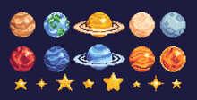 Planets Of Solar System Pixel Art Icon Set. Astronomical Observatory Logo Collection. 8-bit Sprite. Game Development, Mobile App.  Isolated Vector Illustration.