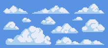 Fluffy Clouds Pixel Art Icon Set. Smoke Or Fog, Sky Elements Logo Collection. 8-bit Sprite. Game Development, Mobile App.  Isolated Vector Illustration.