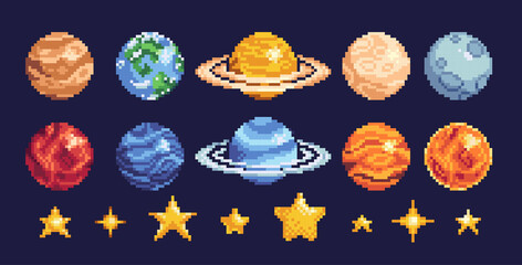 Wall Mural - planets of solar system pixel art icon set. astronomical observatory logo collection. 8-bit sprite. 