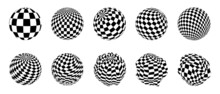 Set Of Checkerboard Textures On Spheres. Spheres From Twisted Stripes. Illusion Effect. Black And White 3d Art. Vector Illustration.