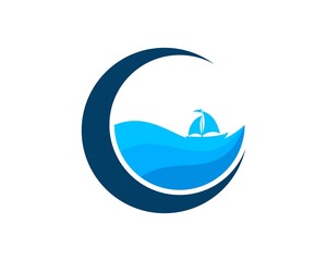 Poster - Crescent moon with beach wave and sailboat