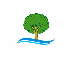 Wall Mural - Tree on the blue wave illustration logo