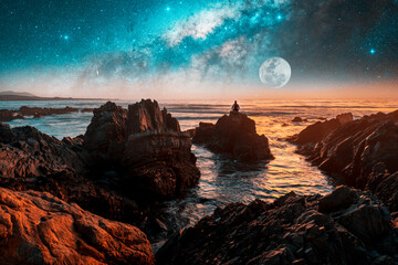 Wall Mural - person silhouette  on the rock outdoors meditating or praying at night under the Milky Way and Moon.