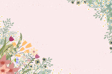 Spring Flowers Greeting Card Botanical Backdrop On Border Of Cute Tiny Blooming In Yellow, Orange And White, Summer Sale With Floral Flat Design, Vector Illustration On Pink Background With Copy Space