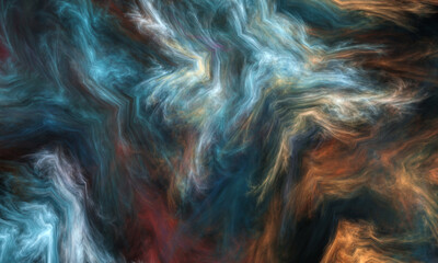 Wall Mural - Marble, paint, liquid abstract colorful fractal in blue and orange color on black. Texture background