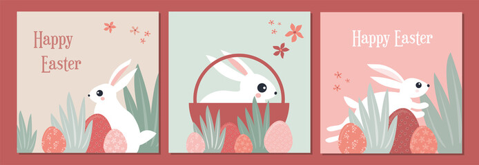 Boho Easter card and invitation set, bunnies, eggs, flowers and rainbows in pastel and terracotta colors, flat vector illustrations