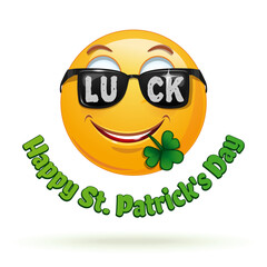 Joyful emoticon in dark glasses and clover leaves in the mouth. Emoji for St. Patricks Day. Happy St. Patricks Day. Vector illustration