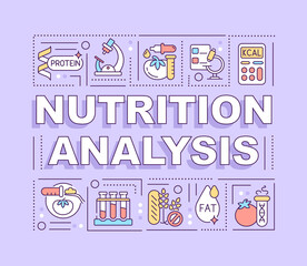 Wall Mural - nutrition analysis word concepts purple banner. food safety tests. infographics with icons on color 
