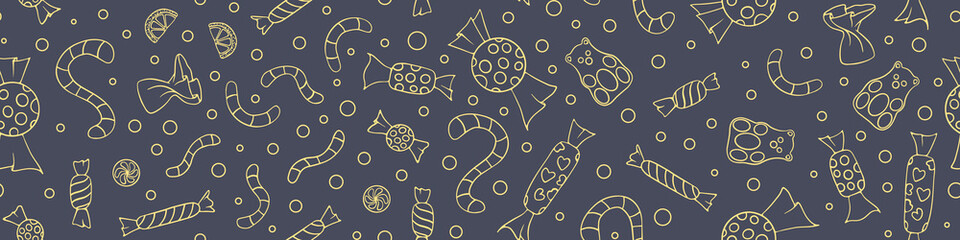 Seamless pattern with sweets. Hand drawn candies on gray background. Vector illustration.