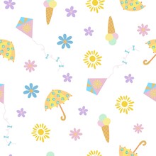 Easter Holiday Or Summer Traditional Fun Flowers, Umbrella, Sun, Kite, Ice Cream Colorful Seamless Pattern, Flat Style Vector Illustration, Spring Festive Time Decor, Summer Design, Gift Paper, Banner