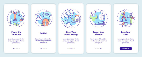Wall Mural - advices for healthy joints onboarding mobile app screen. eat fish walkthrough 5 steps graphic instru