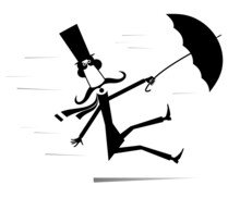 Long Mustache Man Stays On The Strong Wind Illustration. Strong Wind And A Long Mustache Man In The Top Hat With Umbrella Black On White Background