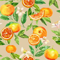 Wall Mural - Watercolor hand painted citrus orange, grape fruits, flowers and branches.  Watercolor hand drawn seamless pattern, wallpaper, wrapping paper, aromatherapy, essential oils
