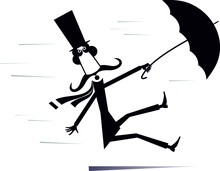 Long Mustache Man Stays On The Strong Wind Illustration. Strong Wind And A Long Mustache Man In The Top Hat With Umbrella Black On White Background