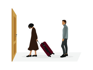 Wall Mural - Female character with suitcase walking towards the door and male character looking at her on white background