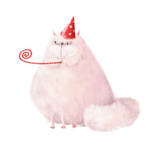 Big White Fluffy Cat With A Red Party Hat And A Noisemaker. Cute Character. Birthday Greeting Card.