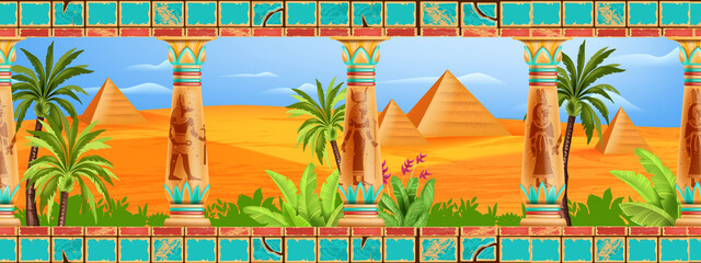 Egypt desert landscape, Egyptian ancient stone column, palm tree vector pyramid palace background. Sand dune hills, oasis green plants, panoramic Arabic view, old civilization temple. Egypt landscape