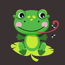 Cute Frog Catches Flies. Isolated Vector Illustration