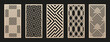 Laser cut patterns collection. Vector set with abstract geometric ornament, lines, chevron, stripes, squares, grid. Decorative stencil for laser cutting of wood panel, metal, plastic. Aspect ratio 1:2