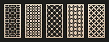 Laser Cut Patterns. Vector Set Of Oriental Geometric Ornaments With Grid, Mesh, Circles, Flower Silhouettes. Elegant Template For Cnc Cutting, Decorative Panels Of Wood, Paper, Metal. Aspect Ratio 1:2
