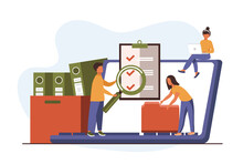 Office Workers Organizing Data Storage And File Archive On Server Or Computer. PC Users Searching Documents On Database. Vector Illustration For Information Technology, Source Concept	